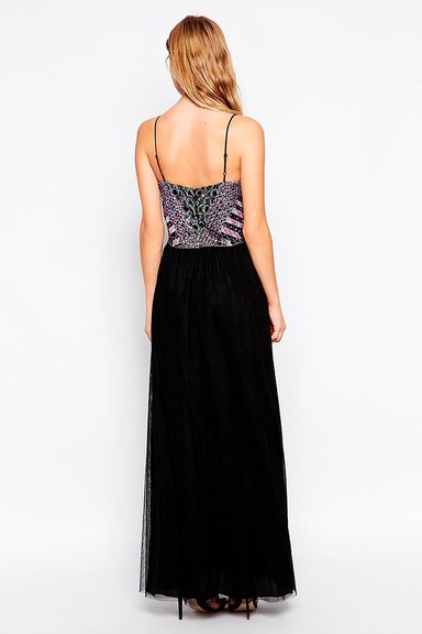 VESTIDO LARGO NEGRO ALTO ASTRAL TOP BORDADO EN PEDRERIA FALDA TUL MATRIMONIO FIESTA - 3