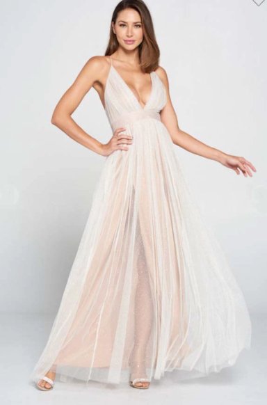 VESTIDO LARGO BLANCO ALTO ASTRAL TULLE BEIGE CLARO NOVIA FIESTA - 1