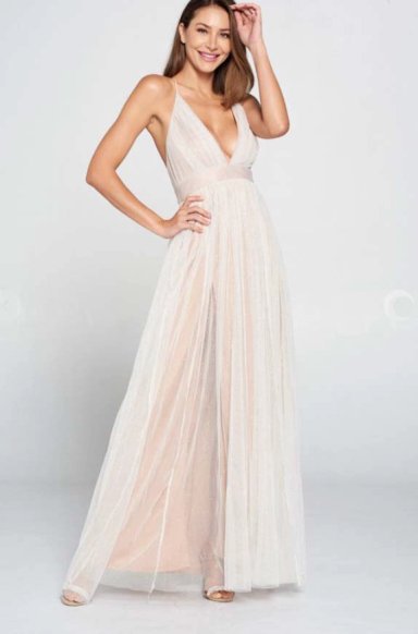 VESTIDO LARGO BLANCO ALTO ASTRAL TULLE BEIGE CLARO NOVIA FIESTA - 2