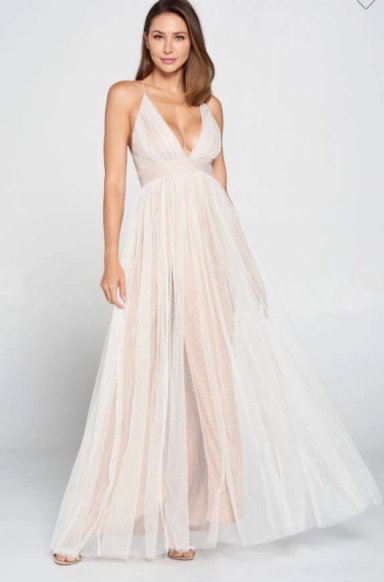VESTIDO LARGO BLANCO ALTO ASTRAL TULLE BEIGE CLARO NOVIA FIESTA - 3