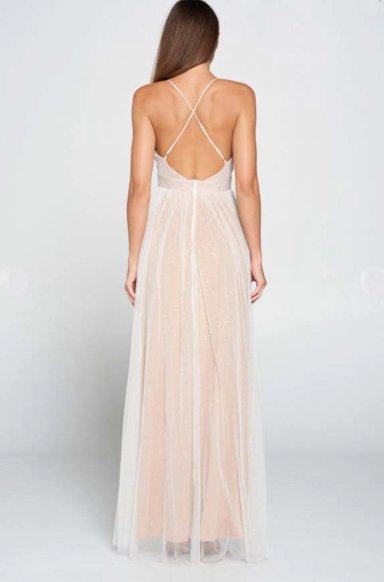VESTIDO LARGO BLANCO ALTO ASTRAL TULLE BEIGE CLARO NOVIA FIESTA - 4