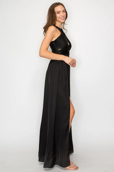 VESTIDO LARGO NEGRO ALTO ASTRAL EN CREPE SATIN DRAPEADO FIESTA INVITADA GRADUACION - 3