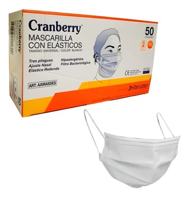 MASCARILLA 3 PLIEGUES CON ELÁSTICOS CRANBERRY CAJA 50 UN COLOR BLANCO - 1