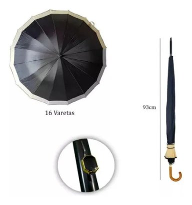 PARAGUAS AUTOMATICO IMPERMEABLE 16 VARILLAS NEGRO - 4