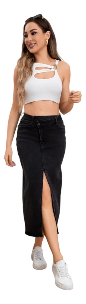 FALDA LARGA JEANS ELASTICADA. TIRO ALTO, ABERTURA AL CENTRO 6005 - 3