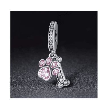 CHARM HUESO HUELLA PERRO CRISTAL ROSA PLATA 925 SILVER HEART - 4