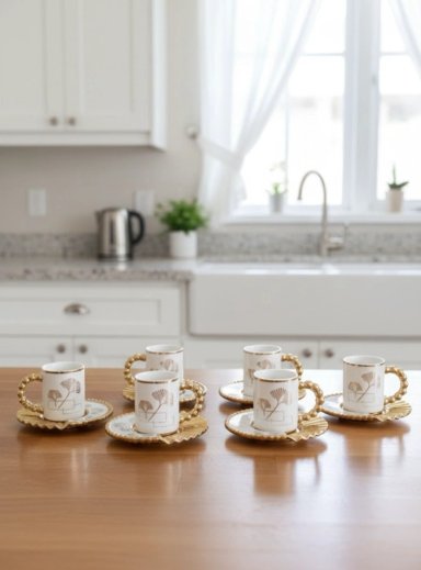 JUEGO VAJILLA SET 6 TAZAS CAFE  PLATO DECORADO ADORNO JHN - 2