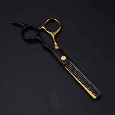 KIT DE 2 TIJERA RECTA FILO NAVAJA + ENTRESACADORA PELUQUERIA BARBERIA NEGRO CON DORADO - 1