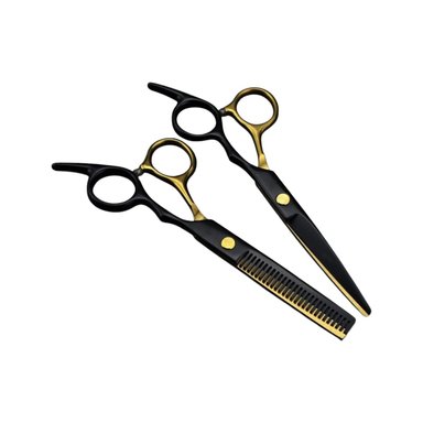 KIT DE 2 TIJERA RECTA FILO NAVAJA + ENTRESACADORA PELUQUERIA BARBERIA NEGRO CON DORADO - 2