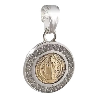 COLGANTE MEDALLA SAN BENITO CON CIRCONES EN PLATA ITALIANA 925 CON CADENA - 1