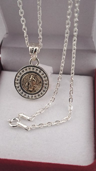 COLGANTE MEDALLA SAN BENITO CON CIRCONES EN PLATA ITALIANA 925 CON CADENA - 7