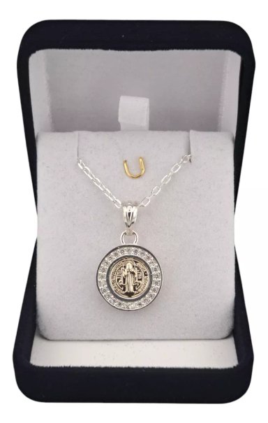 MEDALLA SAN BENITO PLATA 925 Y ORO 14K CON CIRCONES + CADENA - 1