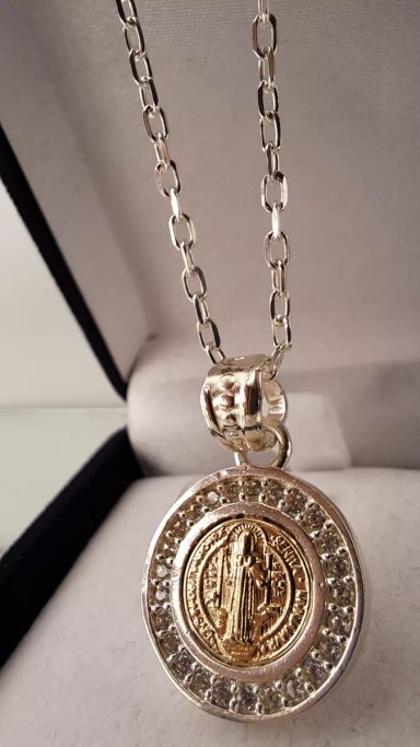 MEDALLA SAN BENITO PLATA 925 Y ORO 14K CON CIRCONES + CADENA - 2