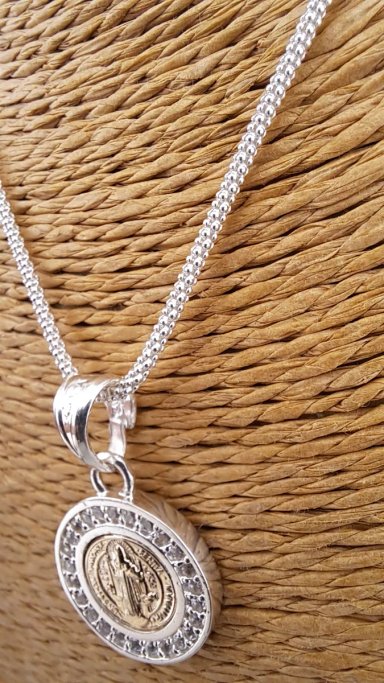 MEDALLA SAN BENITO PLATA 925 Y ORO 14K CON CIRCONES + CADENA - 3