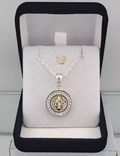 MEDALLA SAN BENITO PLATA 925 Y ORO 14K CON CIRCONES + CADENA - 5