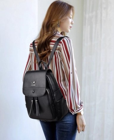 MOCHILA URBANA  CUERO MUJER 15L COLOR NEGRO DISEÑO DE ESPIGA DE FLOR - 5