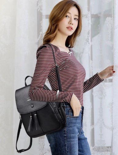 MOCHILA URBANA  CUERO MUJER 15L COLOR NEGRO DISEÑO DE ESPIGA DE FLOR - 6