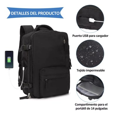 MOCHILA VIAJE GENE RICA LARGE TRAVEL BACKPACK COLOR NEGRO DISEÑO LISO 40L - 6