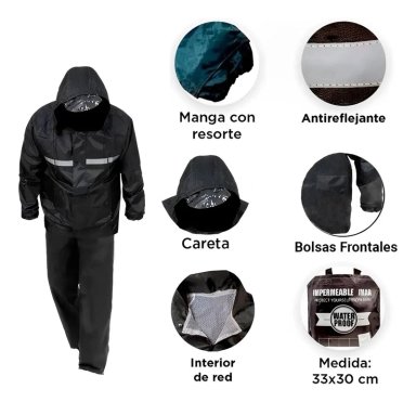 IMPERMEABLE PARA MOTOCICLISTA NEGRO CON REFLECTANTES - 2