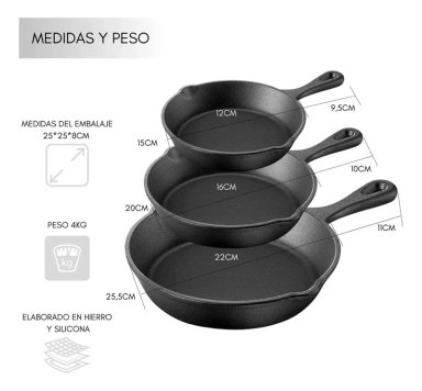 SET DE 3 SARTENES DE HIERRO FUNDIDO 15-20-25CM - 2