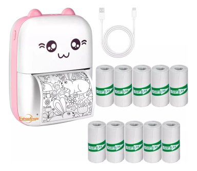 IMPRESORA MINI BLUETOOTH CON 10 ROLLOS ADHESIVOS ROSA - 1