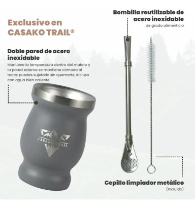 VASO MATERO 240 ML CON BOMBILLA ACERO INOXIDABLE GRIS - 4