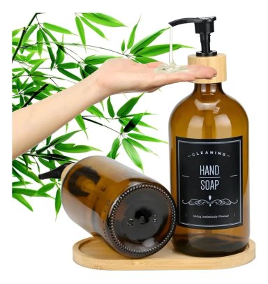SET DISPENSADOR DE JABON AMBAR 500 ML CON BANDEJA - 3