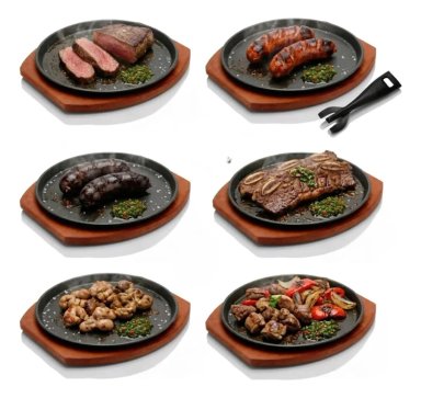 SET 6 PLATOS DE HIERRO 23 CM CON BASE DE MADERA Y PINZA - 1