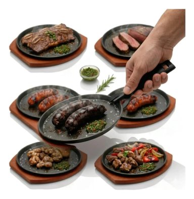 SET 6 PLATOS DE HIERRO 23 CM CON BASE DE MADERA Y PINZA - 4