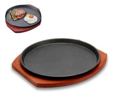 SET 6 PLATOS DE HIERRO 23 CM CON BASE DE MADERA Y PINZA - 5