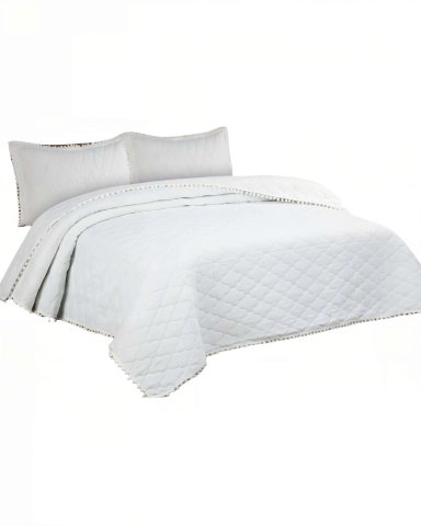 CUBRECAMA 2 PLAZAS CON DETALLES DE POMPONES COLOR BLANCO - 1