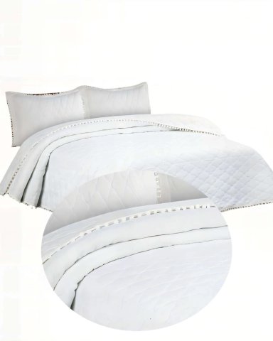 CUBRECAMA 2 PLAZAS CON DETALLES DE POMPONES COLOR BLANCO - 2