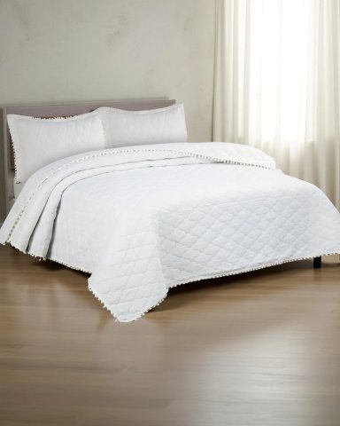 CUBRECAMA 2 PLAZAS CON DETALLES DE POMPONES COLOR BLANCO - 3