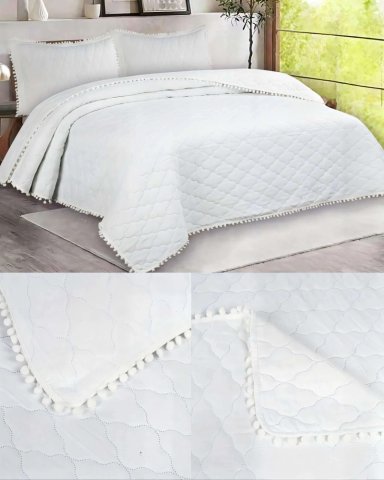 CUBRECAMA 2 PLAZAS CON DETALLES DE POMPONES COLOR BLANCO - 4