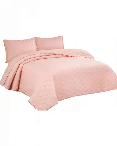 CUBRECAMA KING CON DETALLES DE POMPONES COLOR ROSADO - 1