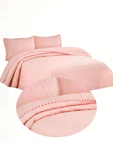 CUBRECAMA KING CON DETALLES DE POMPONES COLOR ROSADO - 2