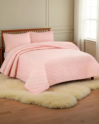 CUBRECAMA KING CON DETALLES DE POMPONES COLOR ROSADO - 3