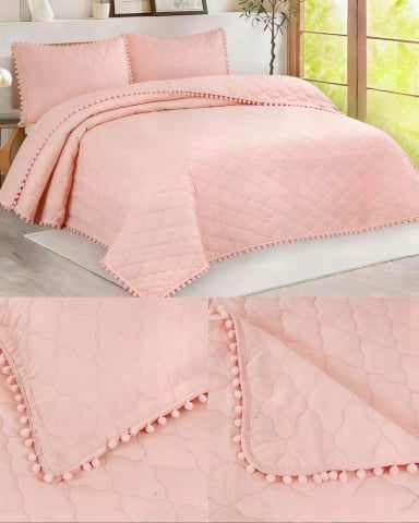 CUBRECAMA KING CON DETALLES DE POMPONES COLOR ROSADO - 4