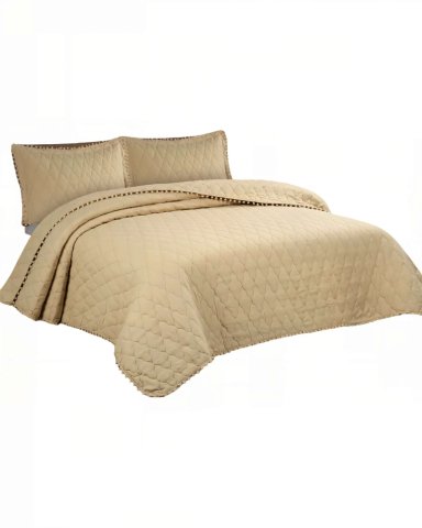 CUBRECAMA KING CON DETALLES DE POMPONES COLOR BEIGE - 1