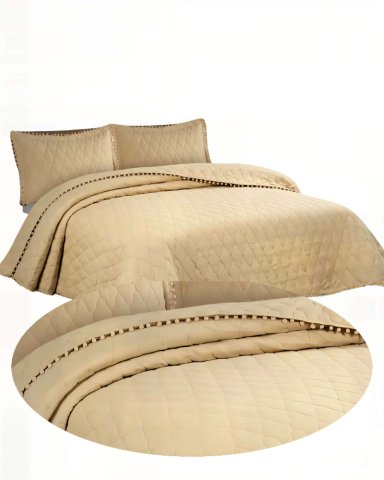 CUBRECAMA KING CON DETALLES DE POMPONES COLOR BEIGE - 2