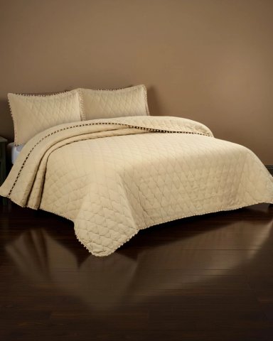 CUBRECAMA KING CON DETALLES DE POMPONES COLOR BEIGE - 3
