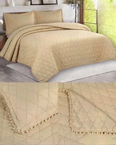 CUBRECAMA KING CON DETALLES DE POMPONES COLOR BEIGE - 4