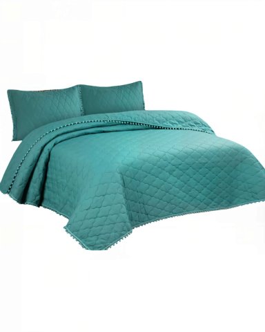 CUBRECAMA 2 PLAZAS CON DETALLES DE POMPONES COLOR VERDE - 1