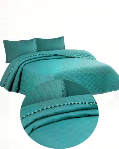 CUBRECAMA 2 PLAZAS CON DETALLES DE POMPONES COLOR VERDE - 2