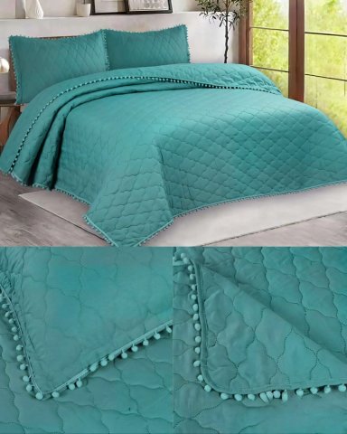 CUBRECAMA 2 PLAZAS CON DETALLES DE POMPONES COLOR VERDE - 4