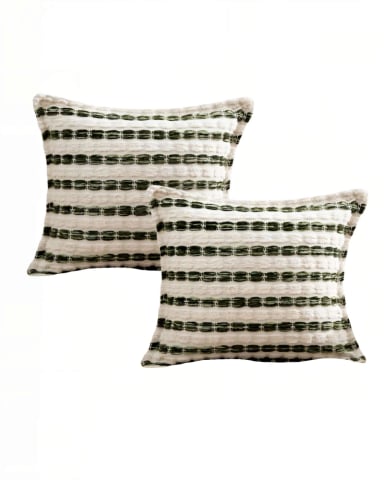 SET DE 2 FUNDAS DE COJIN 45CMX45CM  A RAYAS BEIGE CON VERDE - 1