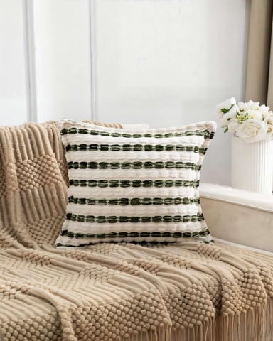 SET DE 2 FUNDAS DE COJIN 45CMX45CM  A RAYAS BEIGE CON VERDE - 3