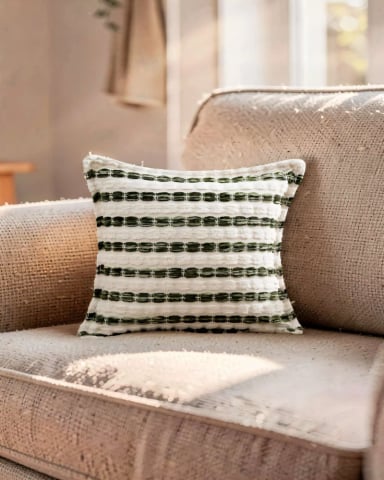 SET DE 2 FUNDAS DE COJIN 45CMX45CM  A RAYAS BEIGE CON VERDE - 4