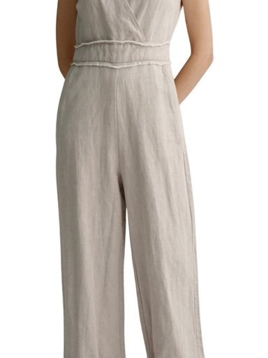 ENTERITO LARGO LINO MUJER ARDOSUA BEIGE ESCOTE CRUZADO EN PECHO Y CORTE RECTO EN PIERNAS - 2