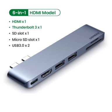 ADAPTADOR UGREEN USB-C DUAL A HDMI+2*USB 3.0 A+TF/SD+USB-C HEMBRA - 4